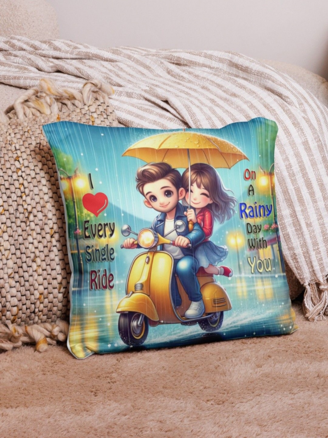 

bettergiftflowers Yellow Scooter Couple In Rain Printed Square Filled Cushions