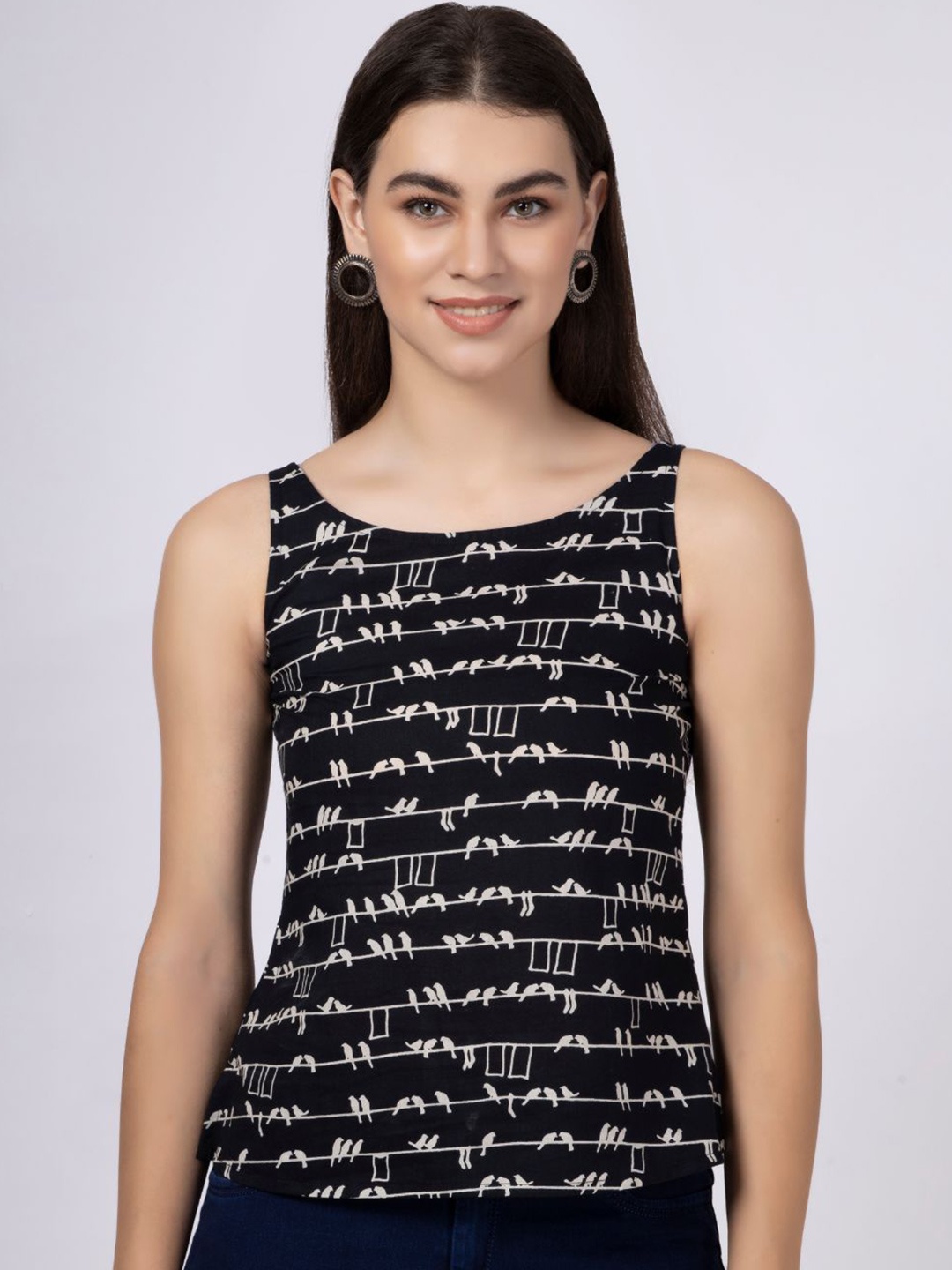 

Saffron Threads Women Conversational Printed Sleeveless Cotton Tank Top, Black