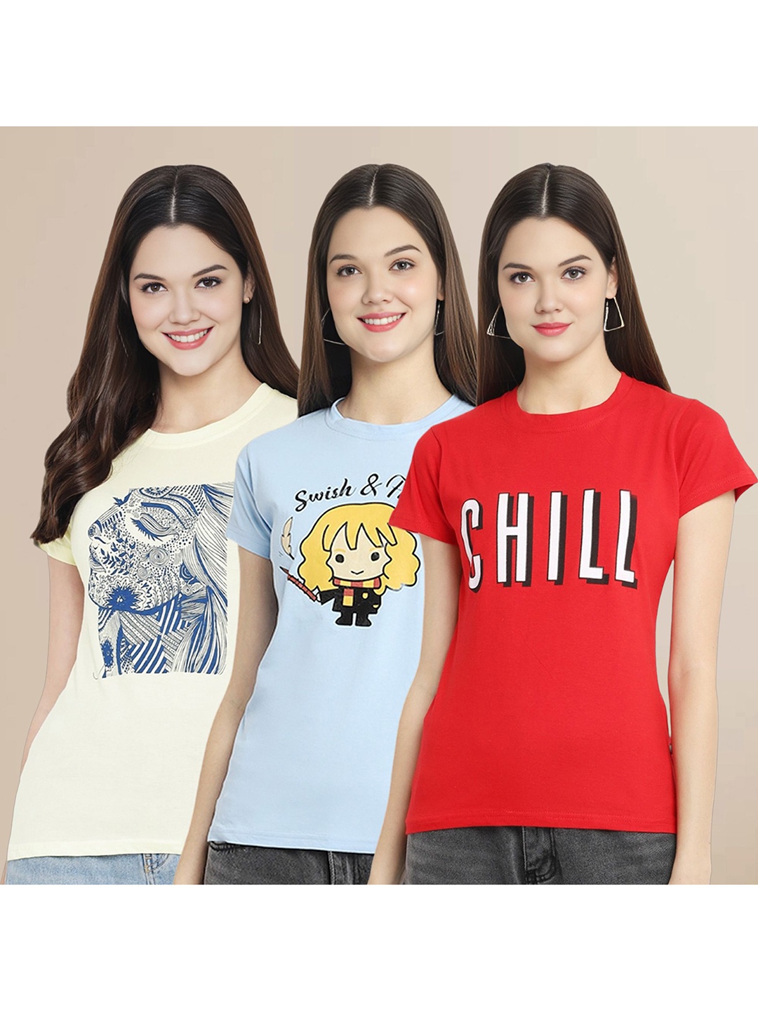 

Metronaut Women Pack Of 3 Typography Printed Round Neck Cotton T-shirts, White