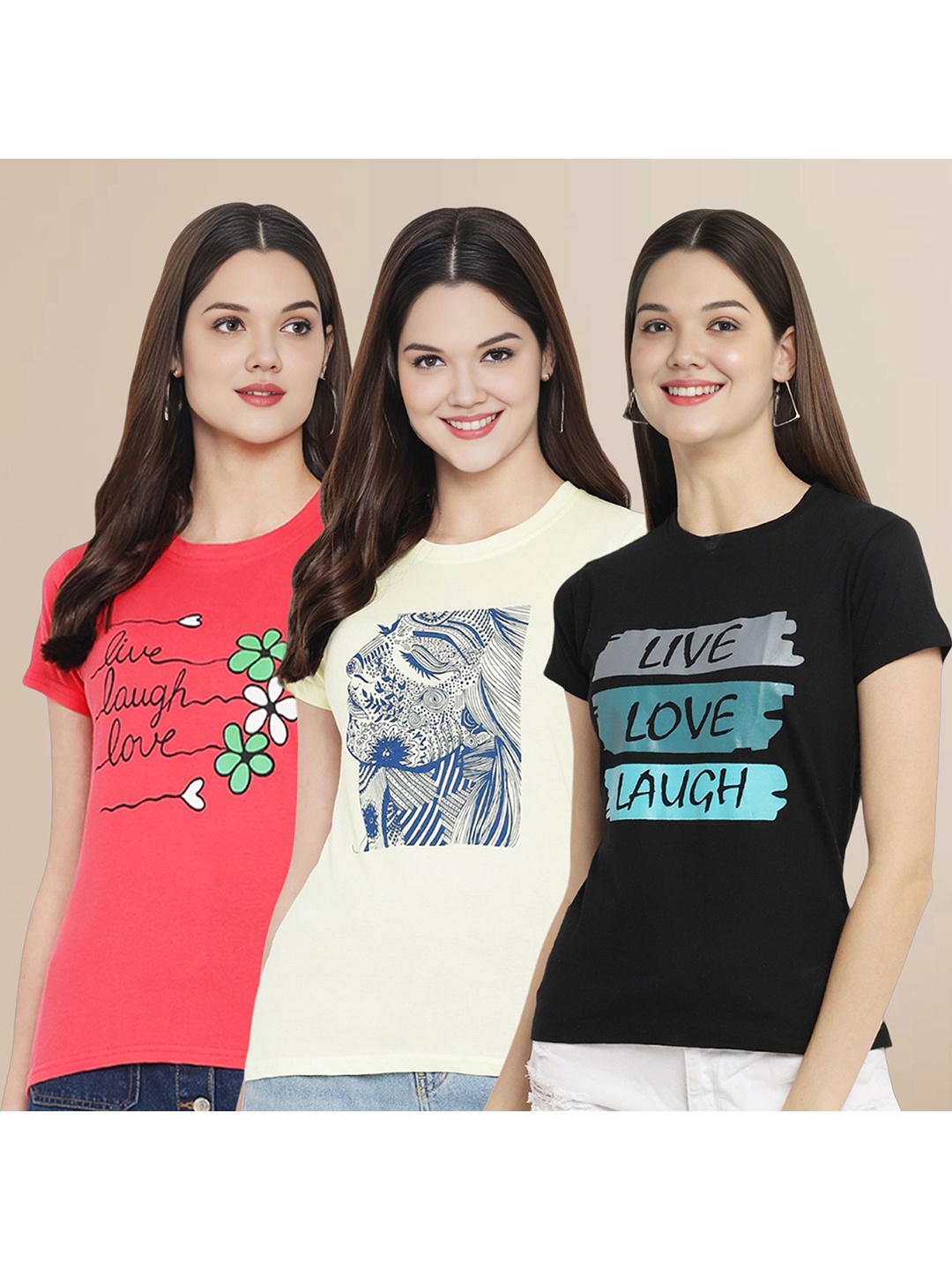 

Metronaut Women Pack Of 3 Typography Printed Round Neck Cotton T-shirts, Coral