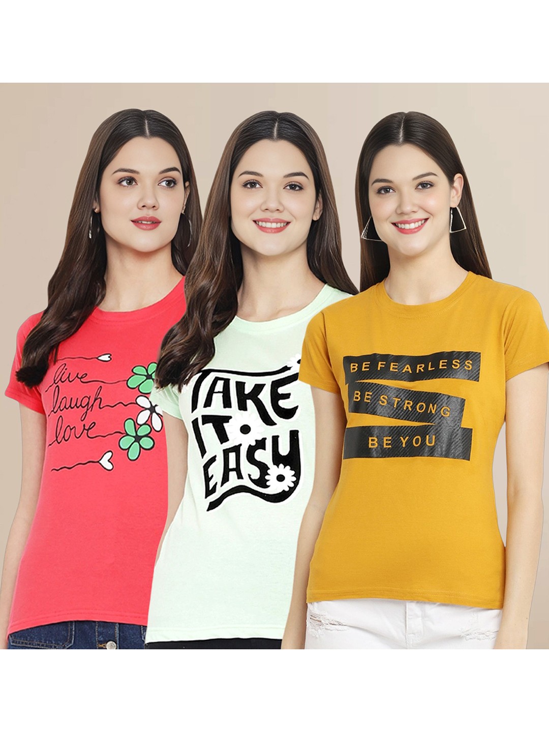 

Metronaut Women Pack Of 3 Typography Printed Round Neck Cotton T-shirts, Coral