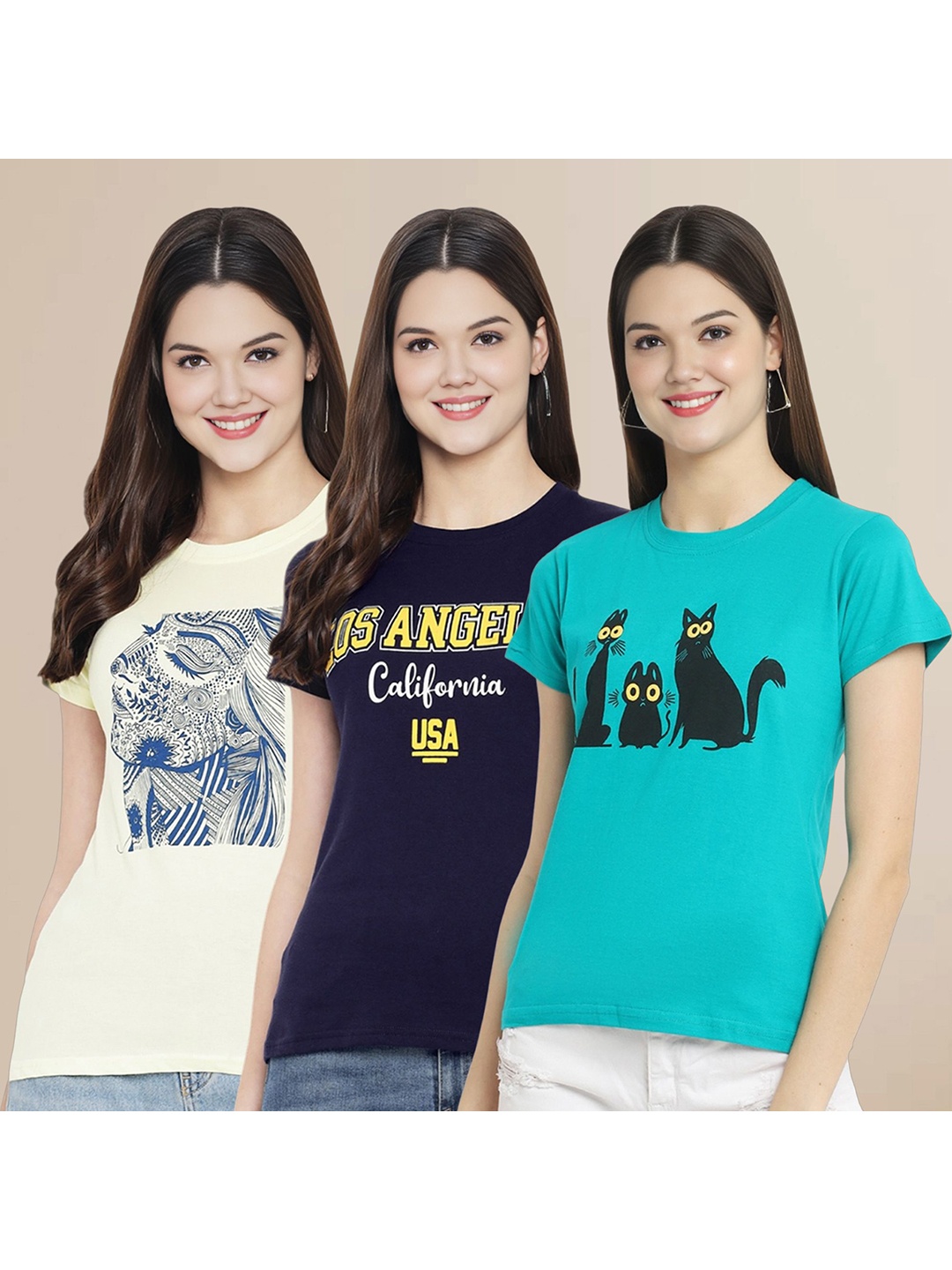 

Metronaut Women Pack Of 3 Typography Printed Round Neck Cotton T-shirts, Off white