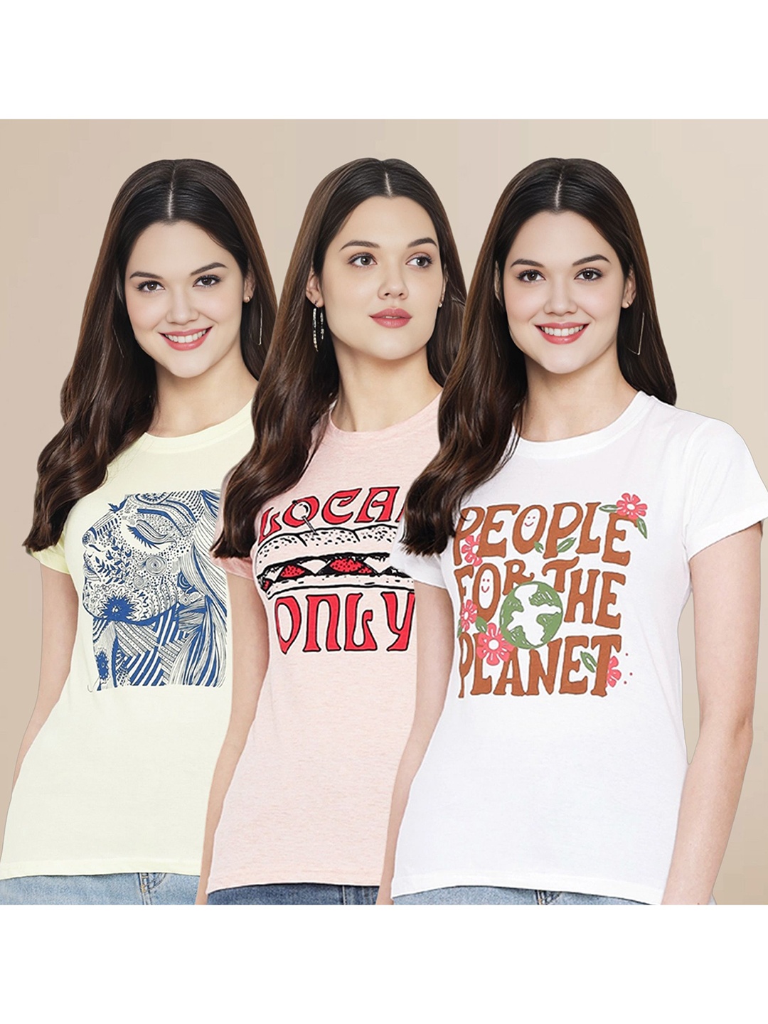 

Metronaut Women Pack Of 3 Typography Printed Round Neck Cotton T-shirts, Off white