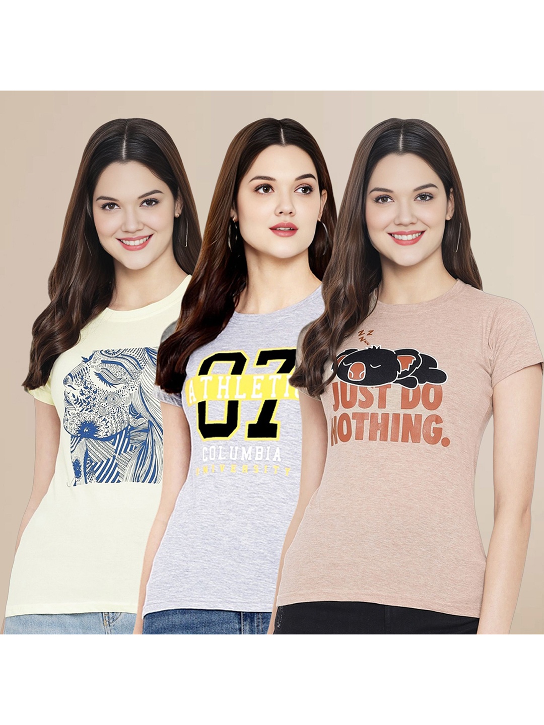

Metronaut Women Pack Of 3 Typography Printed Round Neck Cotton T-shirts, Beige