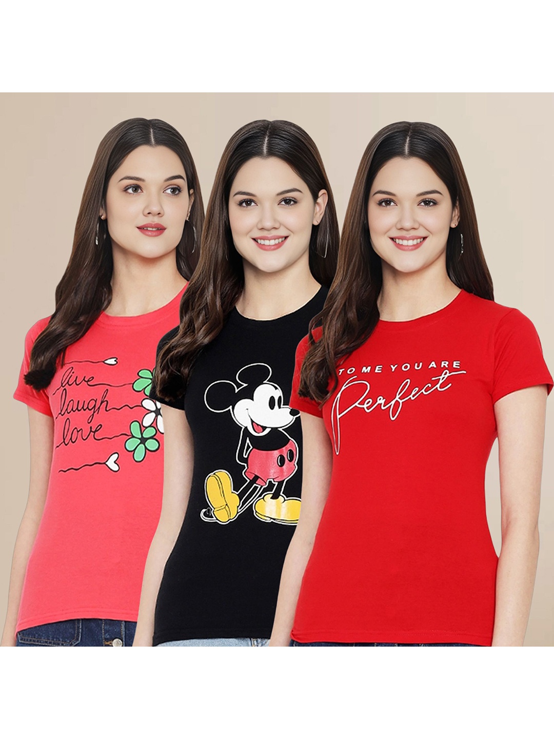 

Metronaut Women Pack Of 3 Typography Printed Round Neck Cotton Mickey Mouse T-shirts, Coral
