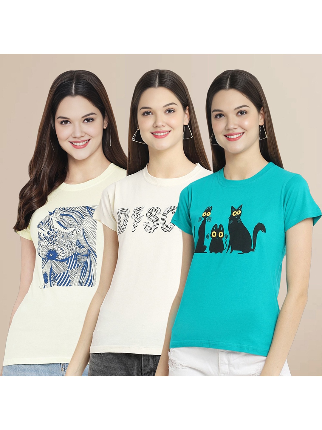 

Metronaut Women Pack Of 3 Typography Printed Round Neck Cotton T-shirts, Off white