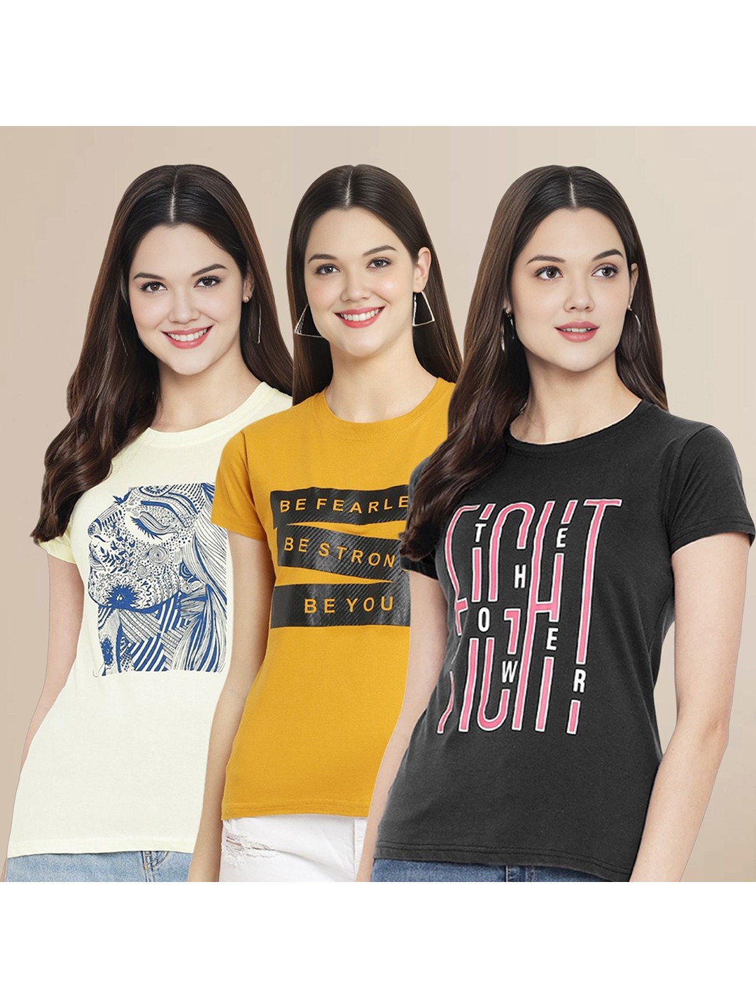 

Metronaut Women Pack Of 3 Typography Printed Round Neck Cotton T-shirts, Off white