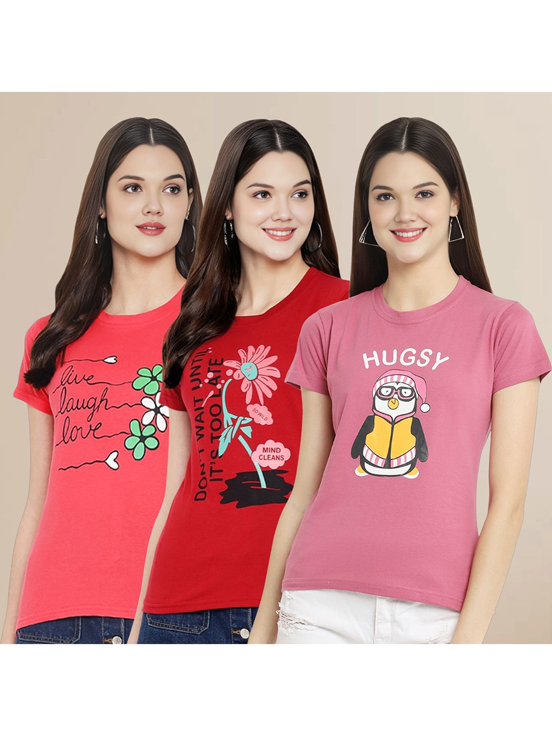 

Metronaut Women Pack Of 3 Typography Printed Round Neck Cotton T-shirts, Mauve