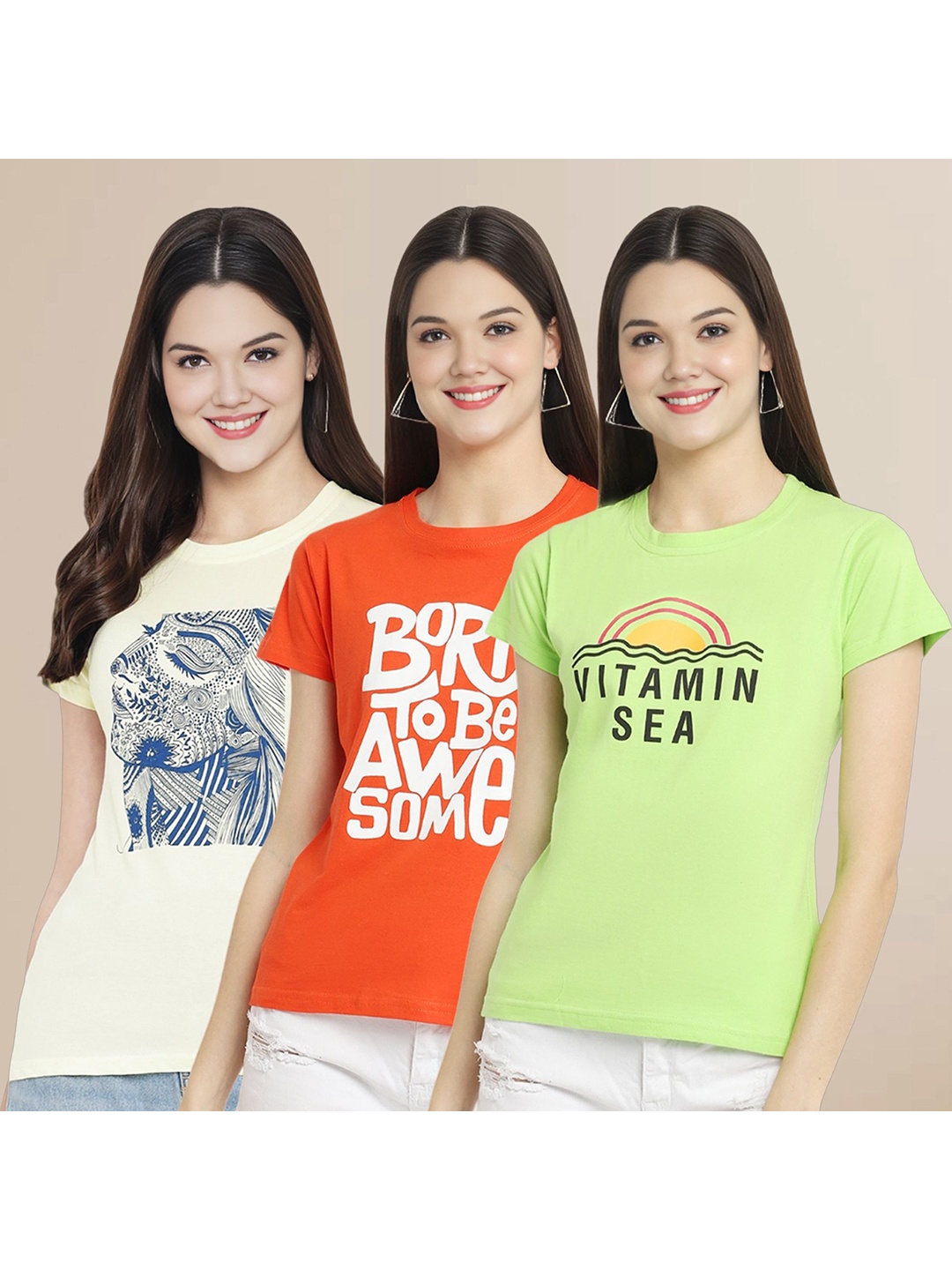 

Metronaut Women Pack Of 3 Typography Printed Round Neck Cotton T-shirts, Off white