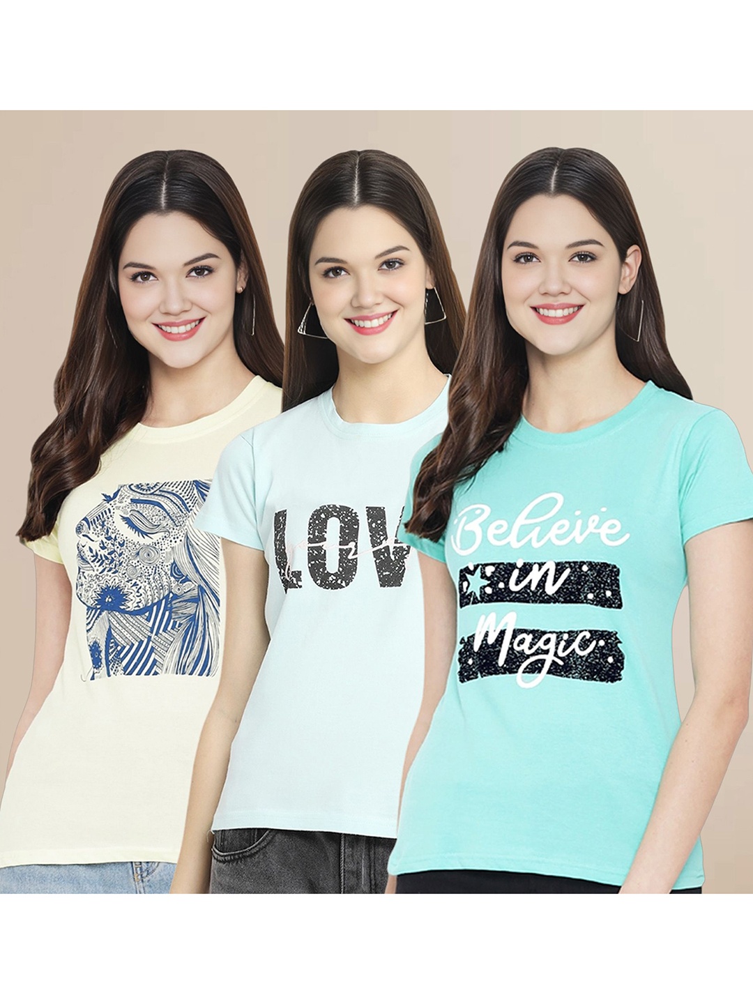 

Metronaut Women Pack Of 3 Typography Printed Round Neck Cotton T-shirts, Off white