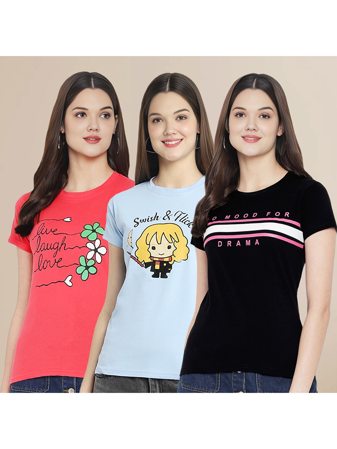 

Metronaut Women Pack Of 3 Typography Printed Round Neck Cotton T-shirts, Coral