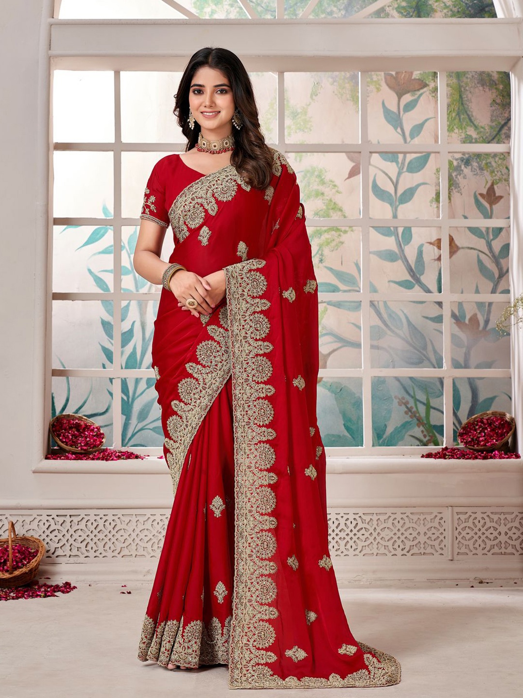 

Arron Creats Women Embellished Embroidered Satin Saree With Blouse Piece, Red