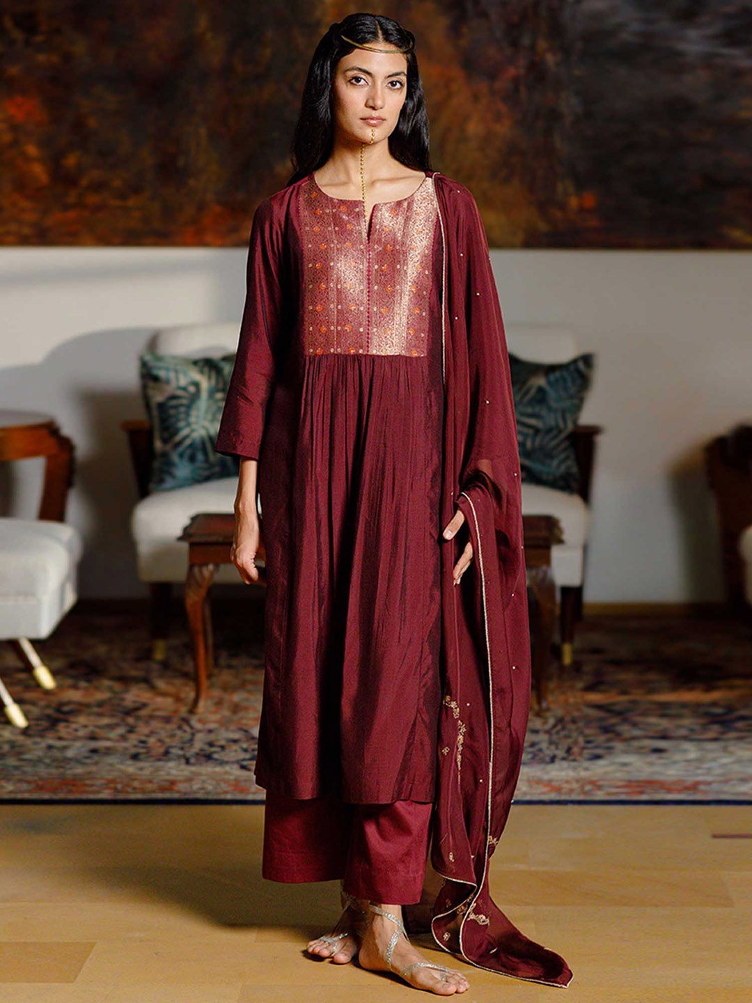 

Ganga Woven Design Straight Kurta with Palazzos & Dupatta, Maroon