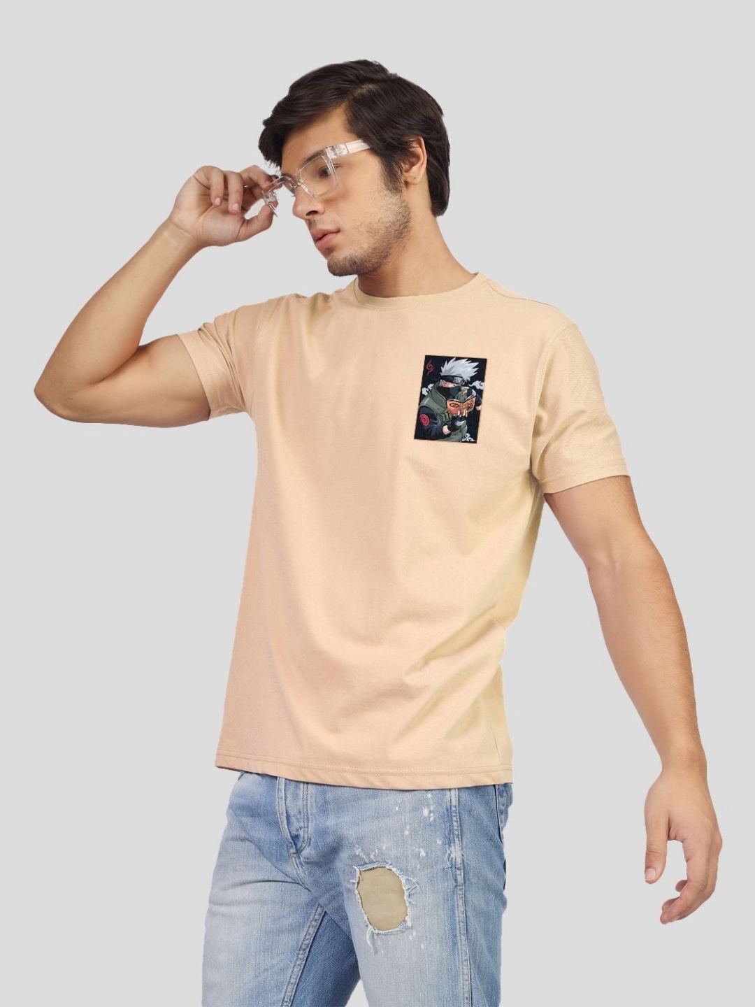 

Greylongg Men Graphic Printed Round Neck Cotton Naruto T-shirt, Beige