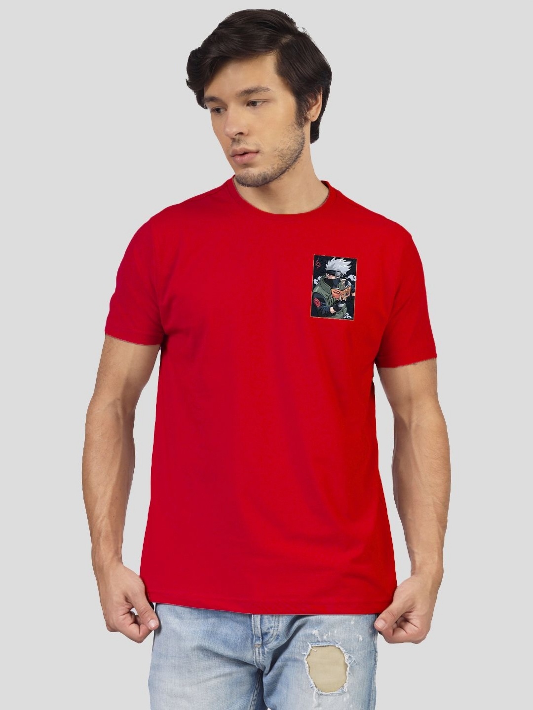 

Greylongg Men Typography Printed Round Neck Cotton Naruto T-shirt, Red