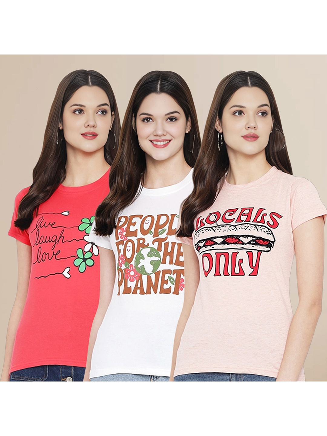 

Metronaut Women Pack Of 3 Typography Printed Round Neck Cotton T-shirts, Peach
