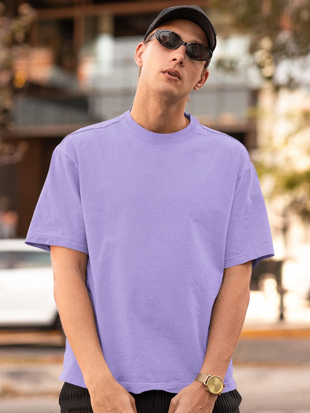 

Elibolz Men Bio Finish Solid Round Neck Cotton Oversized T-shirt, Lavender