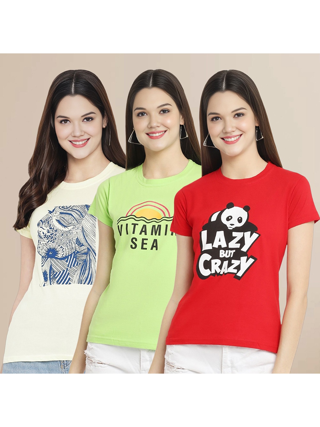 

Metronaut Women Pack Of 3 Typography Printed Round Neck Cotton T-shirts, Off white