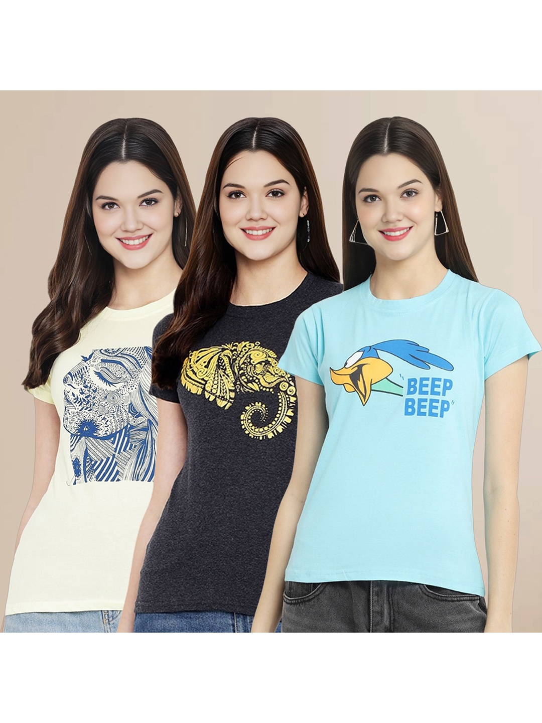 

Metronaut Women Pack Of 3 Typography Printed Round Neck Cotton Looney Tunes T-shirts, Off white