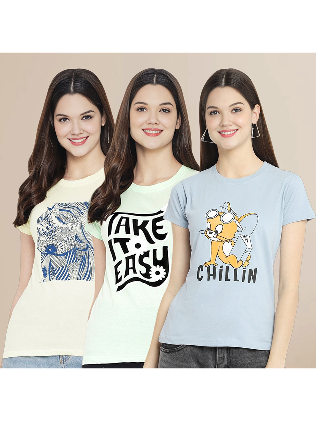 

Metronaut Women Pack Of 3 Typography Printed Round Neck Cotton Tom & Jerry T-shirts, Off white
