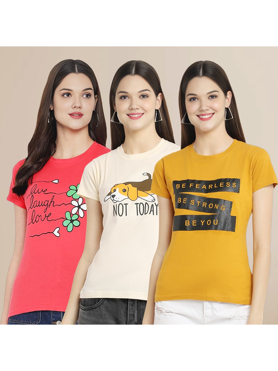 

Metronaut Women Pack Of 3 Typography Printed Round Neck Cotton T-shirts, Mustard