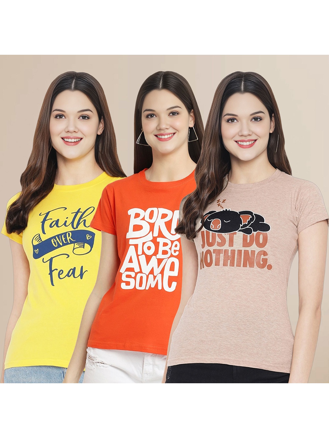 

Metronaut Women Pack Of 3 Typography Printed Round Neck Cotton T-shirts, Yellow