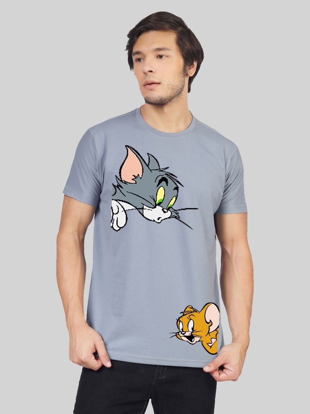 

Greylongg Men Graphic Printed Round Neck Cotton Tom & Jerry T-shirt, Grey
