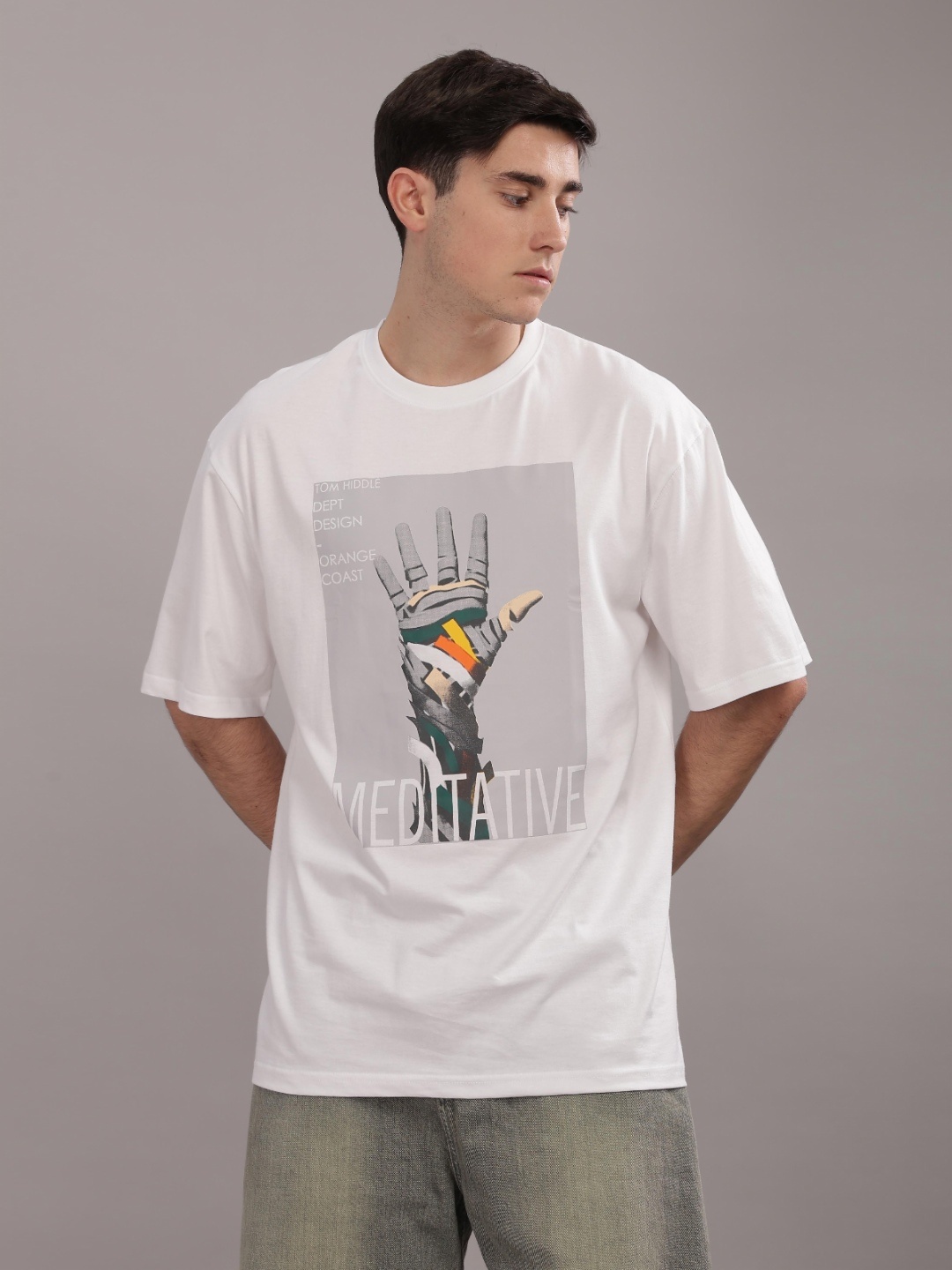 

TOMHIDDLE Men Typography Printed Round Neck Cotton Oversized T-shirt, White
