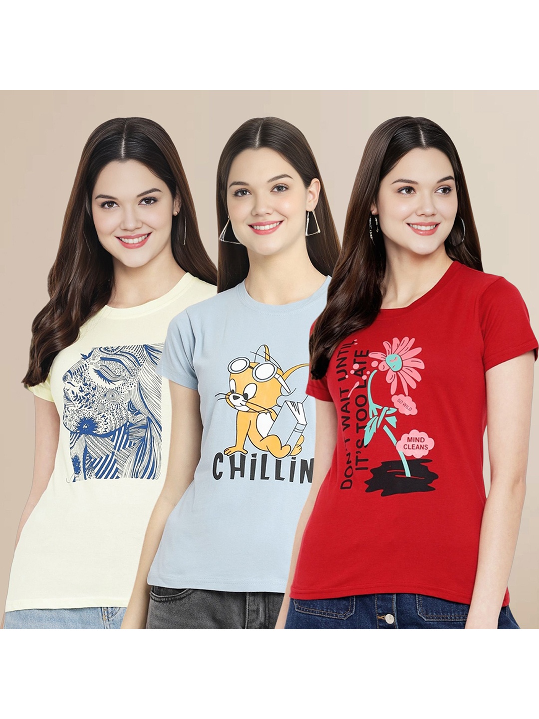 

Metronaut Women Pack Of 3 Typography Printed Round Neck Cotton Tom & Jerry T-shirts, Off white