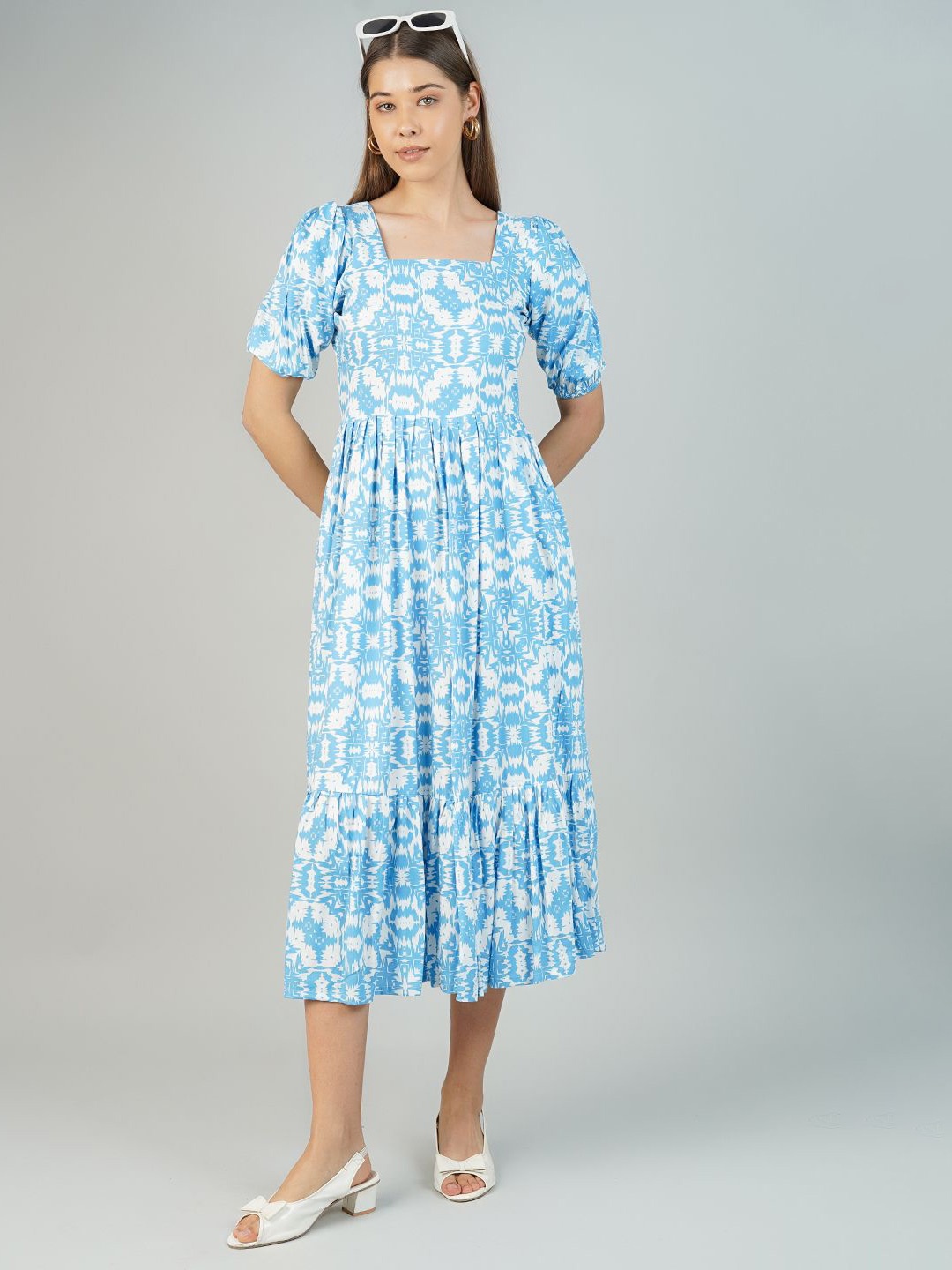 

INDOPHILIA Women Cotton Printed Fit and Flare Midi Dress, Blue