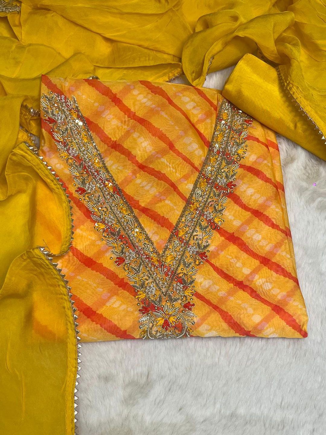 

ROOPKALA Embellished Organza Unstitched Dress Material, Yellow