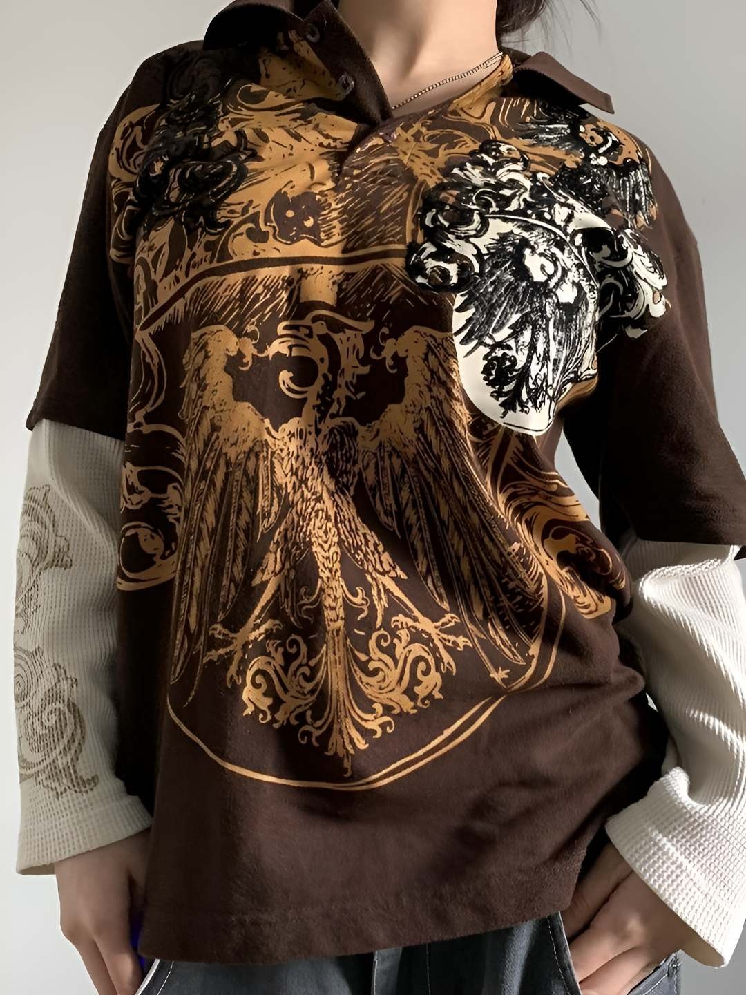 

LULU & SKY Women Graphic Printed Round Neck Oversized T-shirt, Brown
