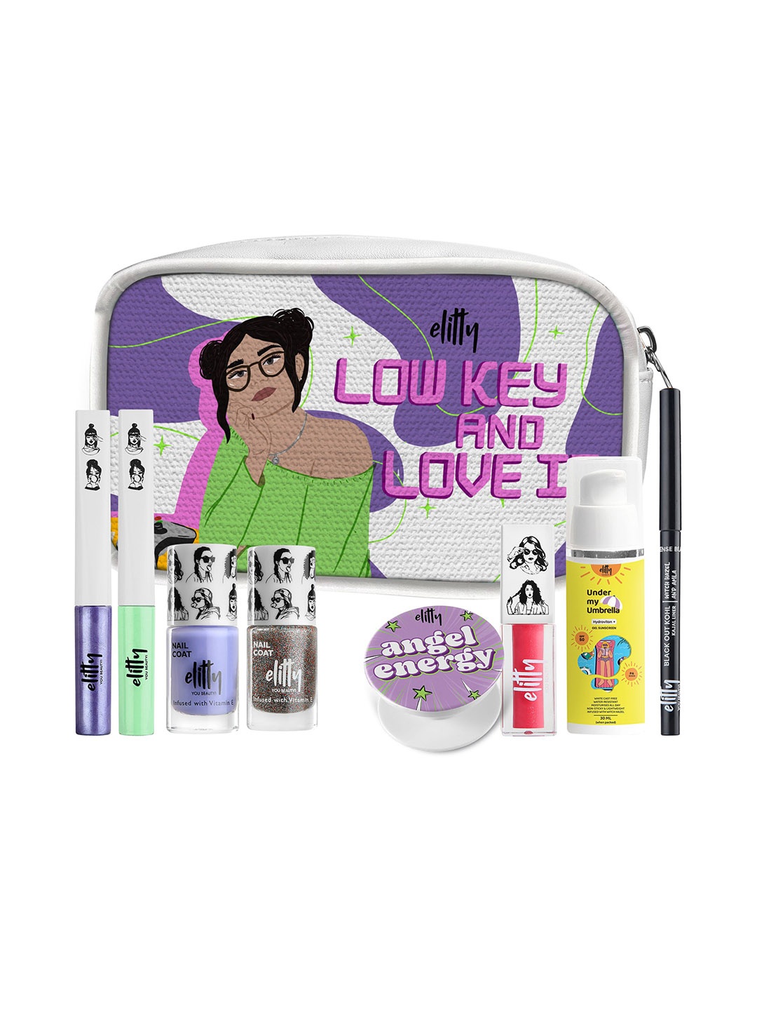 

Elitty Set Of 7 Low Key & Love It Nail Coat, Eyeliner, Lip Gloss, Kohl Kajal & Sunscreen, White