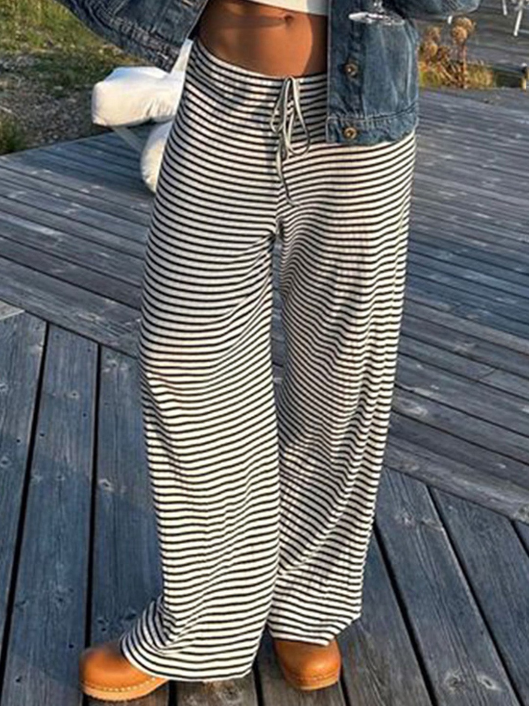 

LULU & SKY Women Striped Straight Fit Wide Leg Trousers, Black