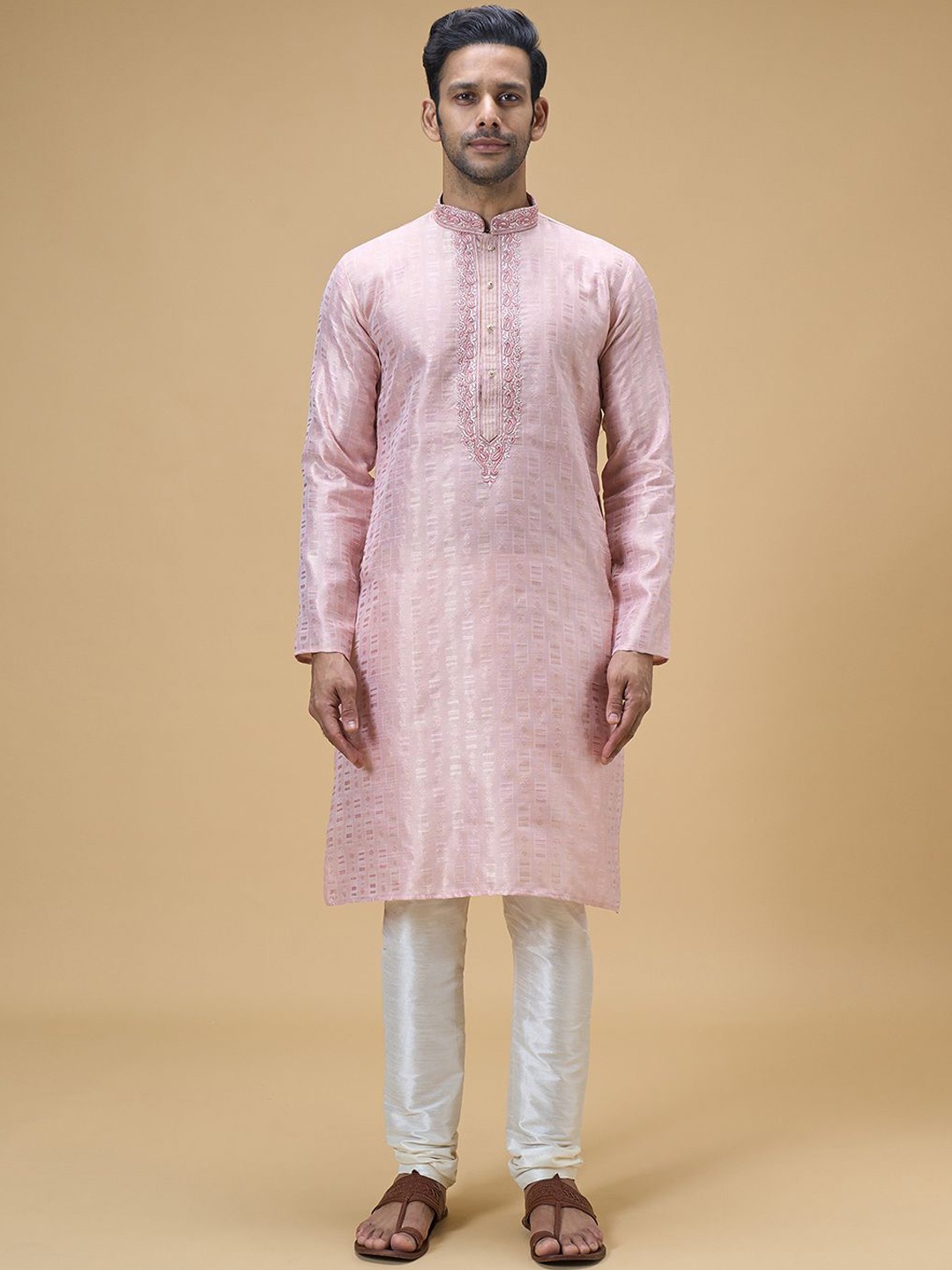 

Arihant Rai Sinha Paisley Embroidered Thread Work Straight Kurta with Churidar, Peach
