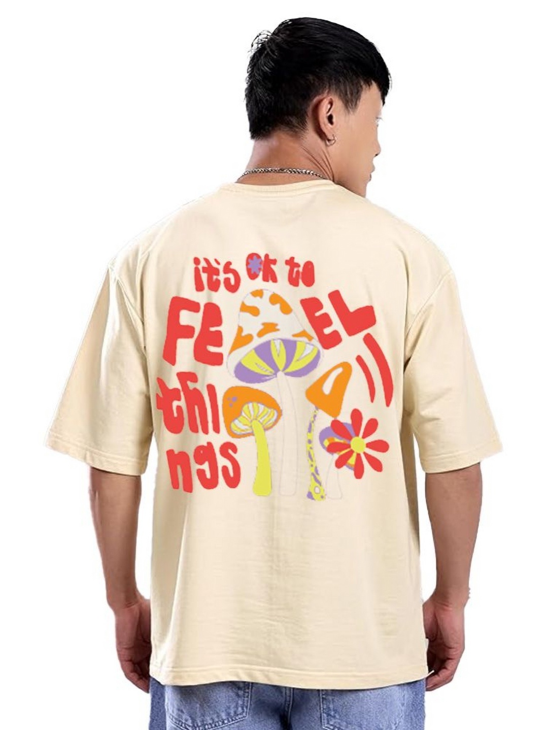 

VIXENLY Men Cotton Solid Printed Oversized T-shirt, Cream