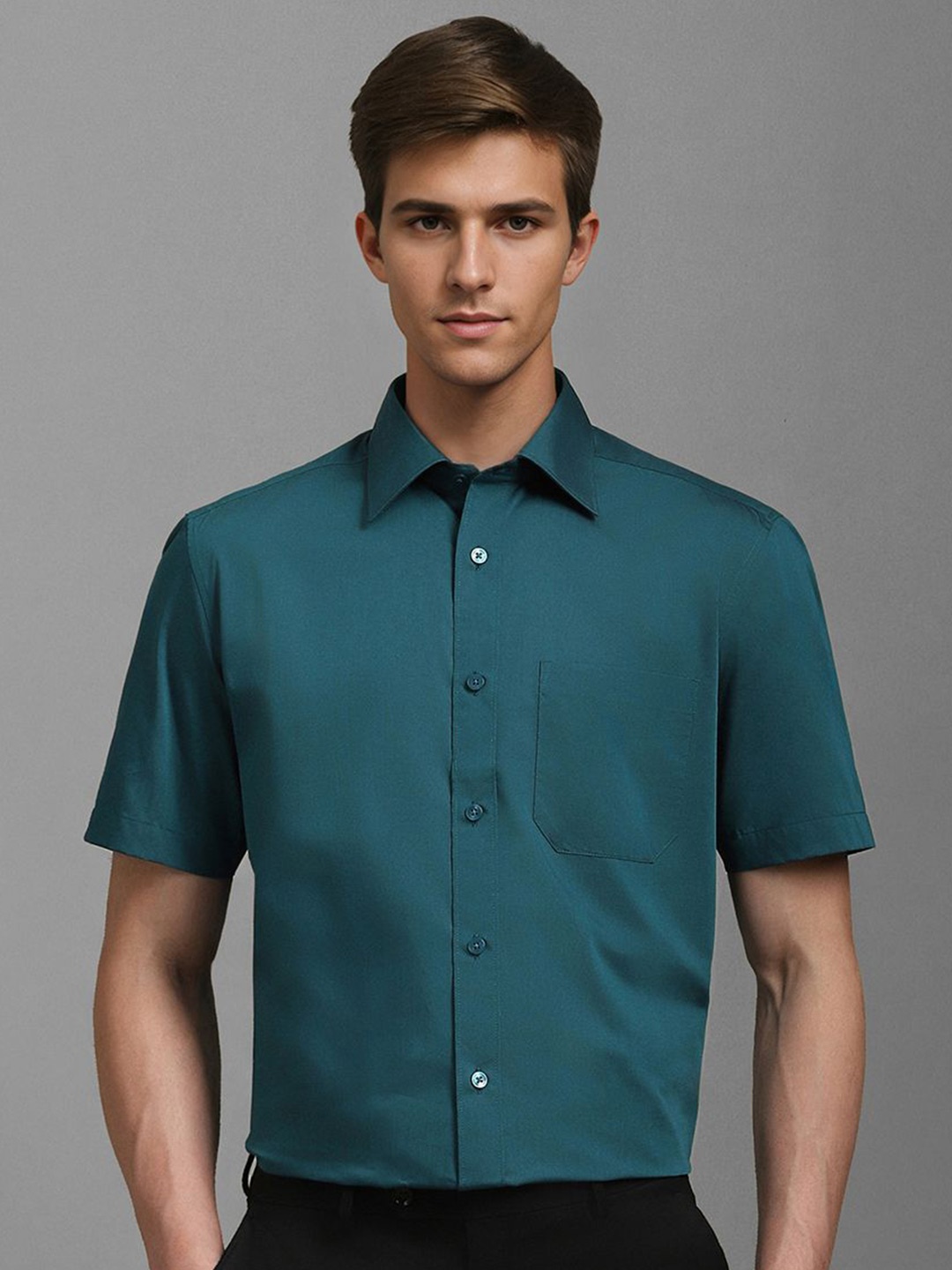 

Louis Philippe Men Classic Spread Collar Solid Cotton Formal Shirt, Teal