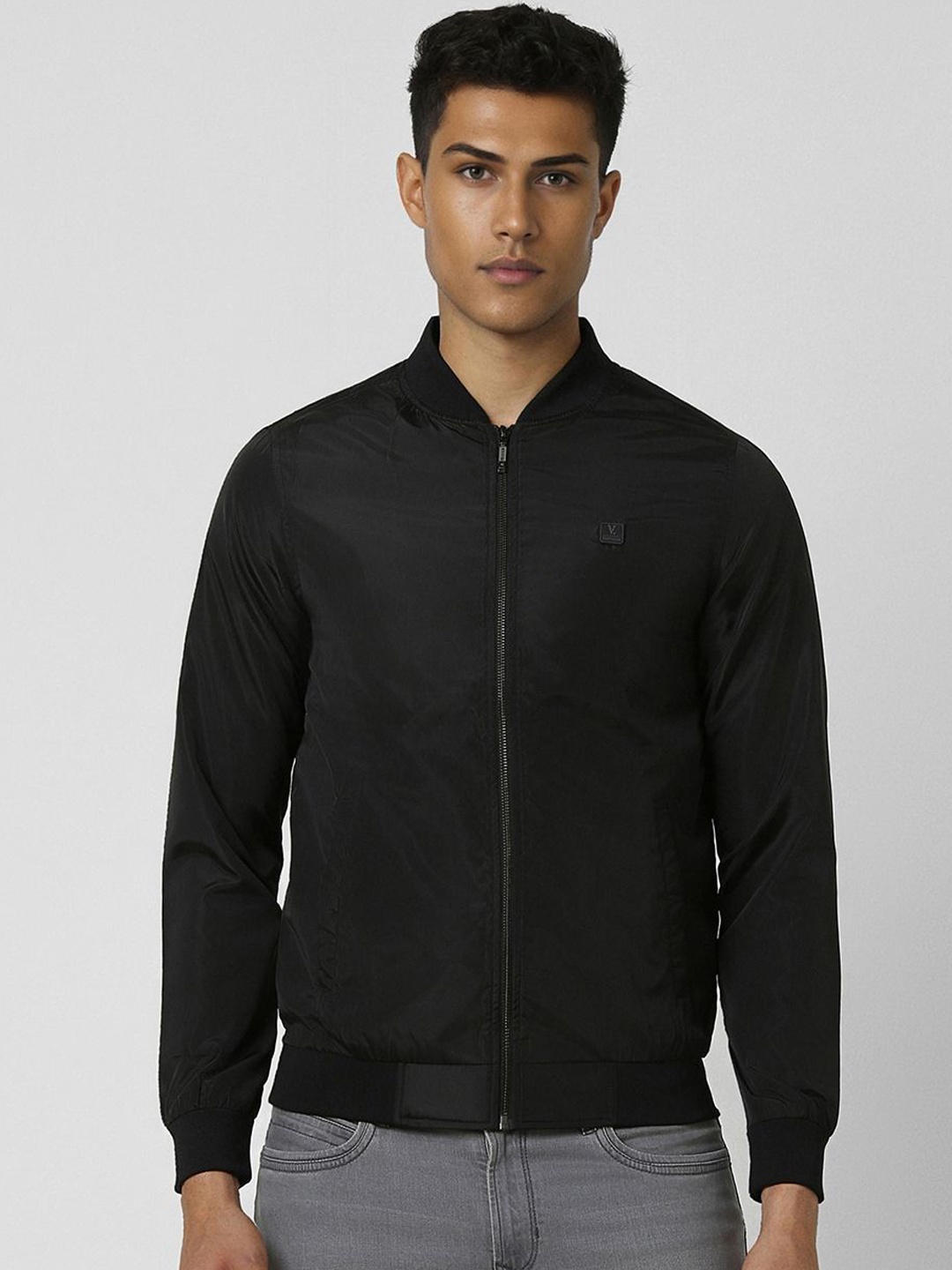

V Dot Men Stand Collar Solid Casual Bomber Jacket, Black