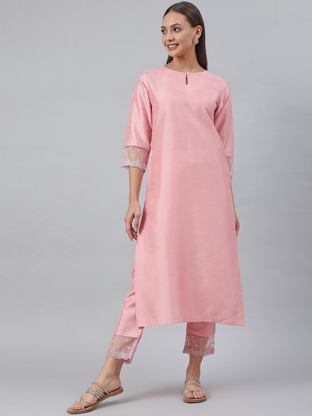 

KALINI Women Silk Blend Solid Kurta With Trousers, Pink