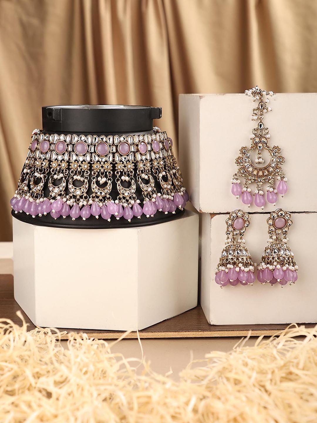 

Anouk Gold-Plated CZ Stone Studded & Beaded Necklace and Earrings With Maang Tika