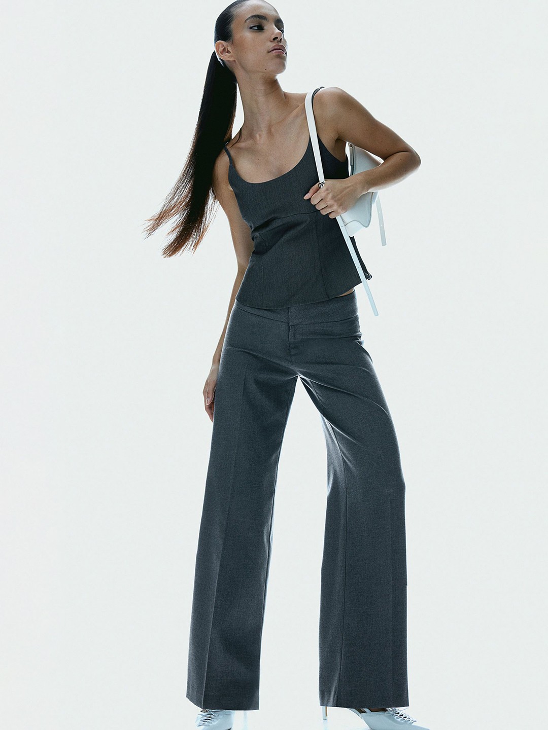 

H&M Women Wide Tailored Trousers, Grey