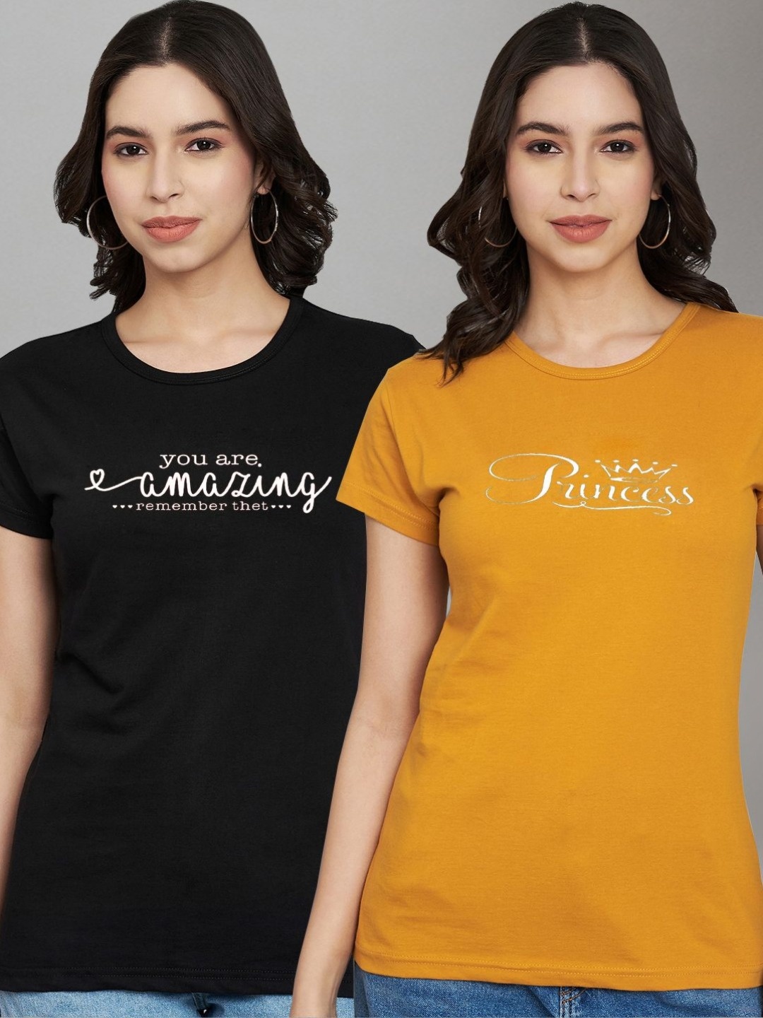 

Trend Level Women Pack Of 2 Typography Printed Round Neck Cotton T-shirts, Black