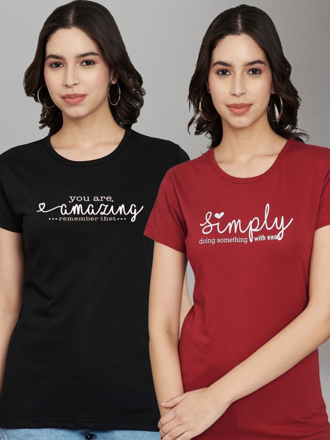 

Trend Level Women Pack Of 2 Typography Printed Round Neck Cotton T-shirts, Black
