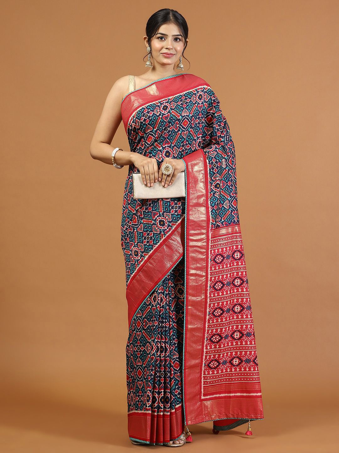 

Meena Bazaar Women Patola Printed Art Silk Saree, Navy blue