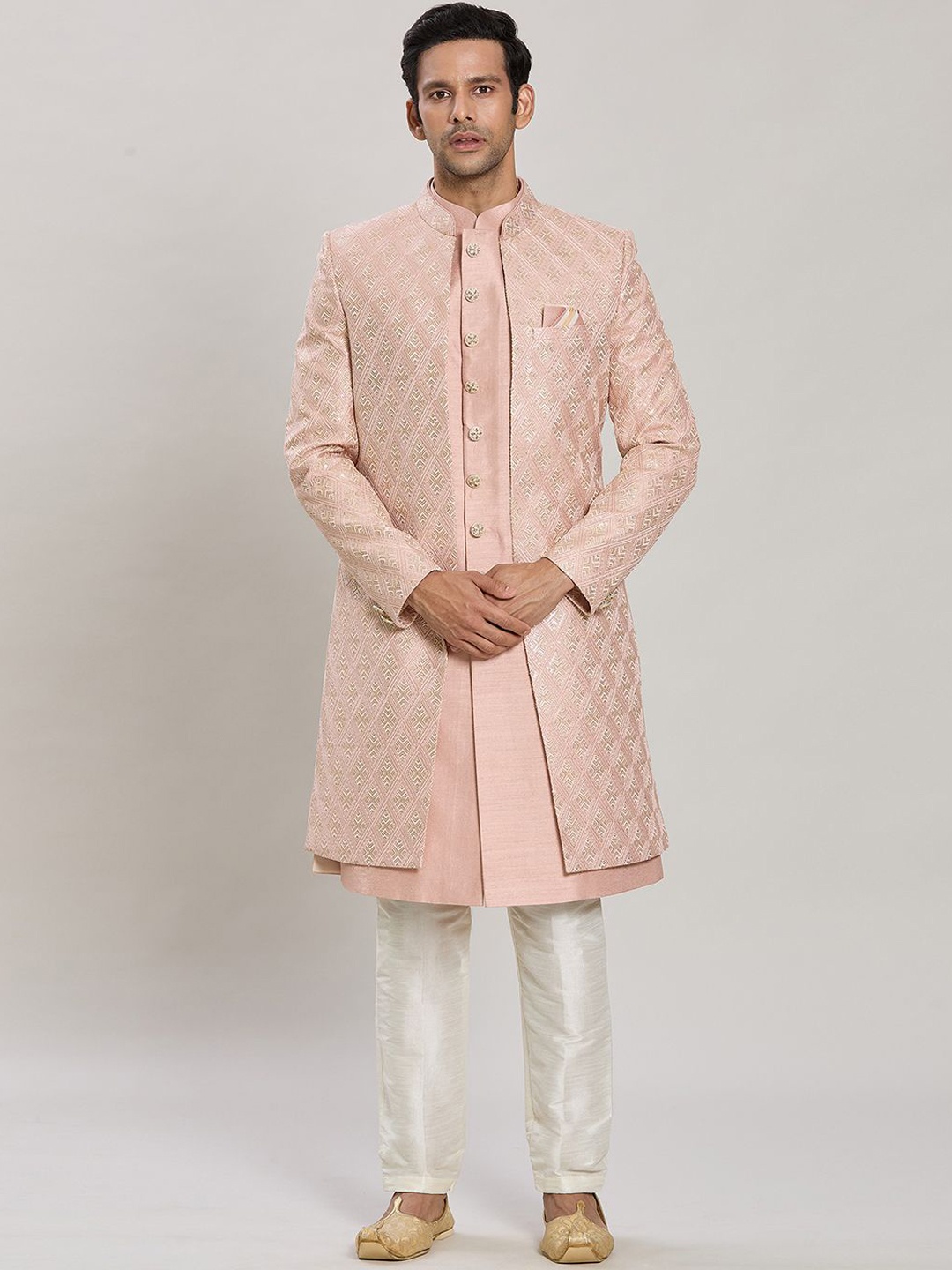

Arihant Rai Sinha Men Diamond Embroidered Straight Sherwani Set, Peach
