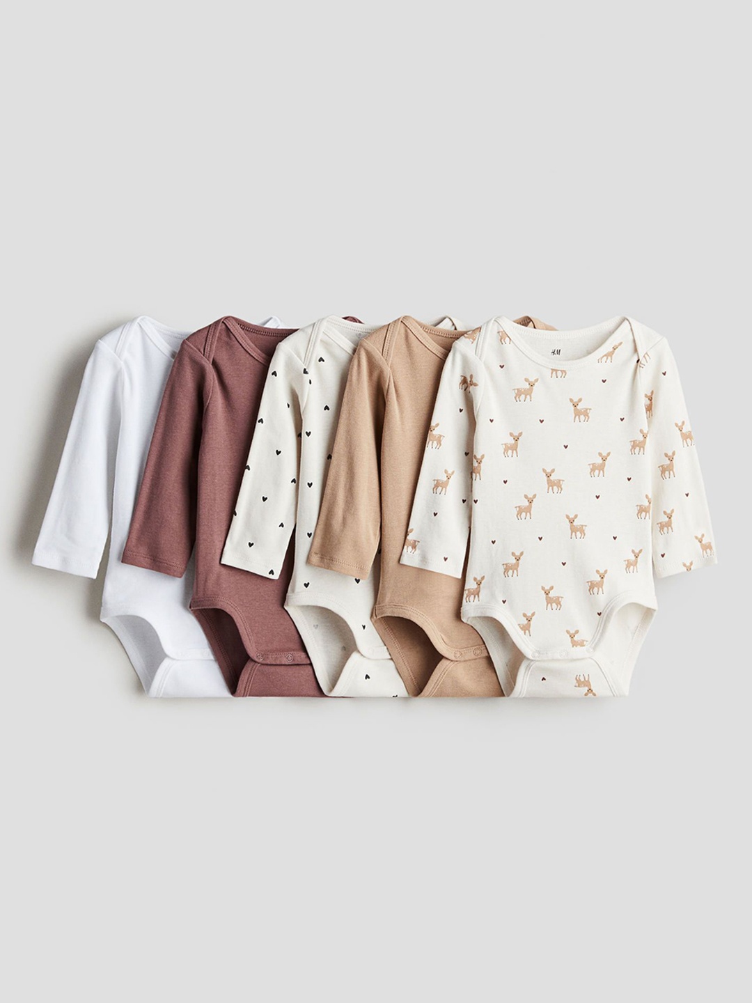 

H&M Infants Boys 5-Pack Long-Sleeved Bodysuit, Beige