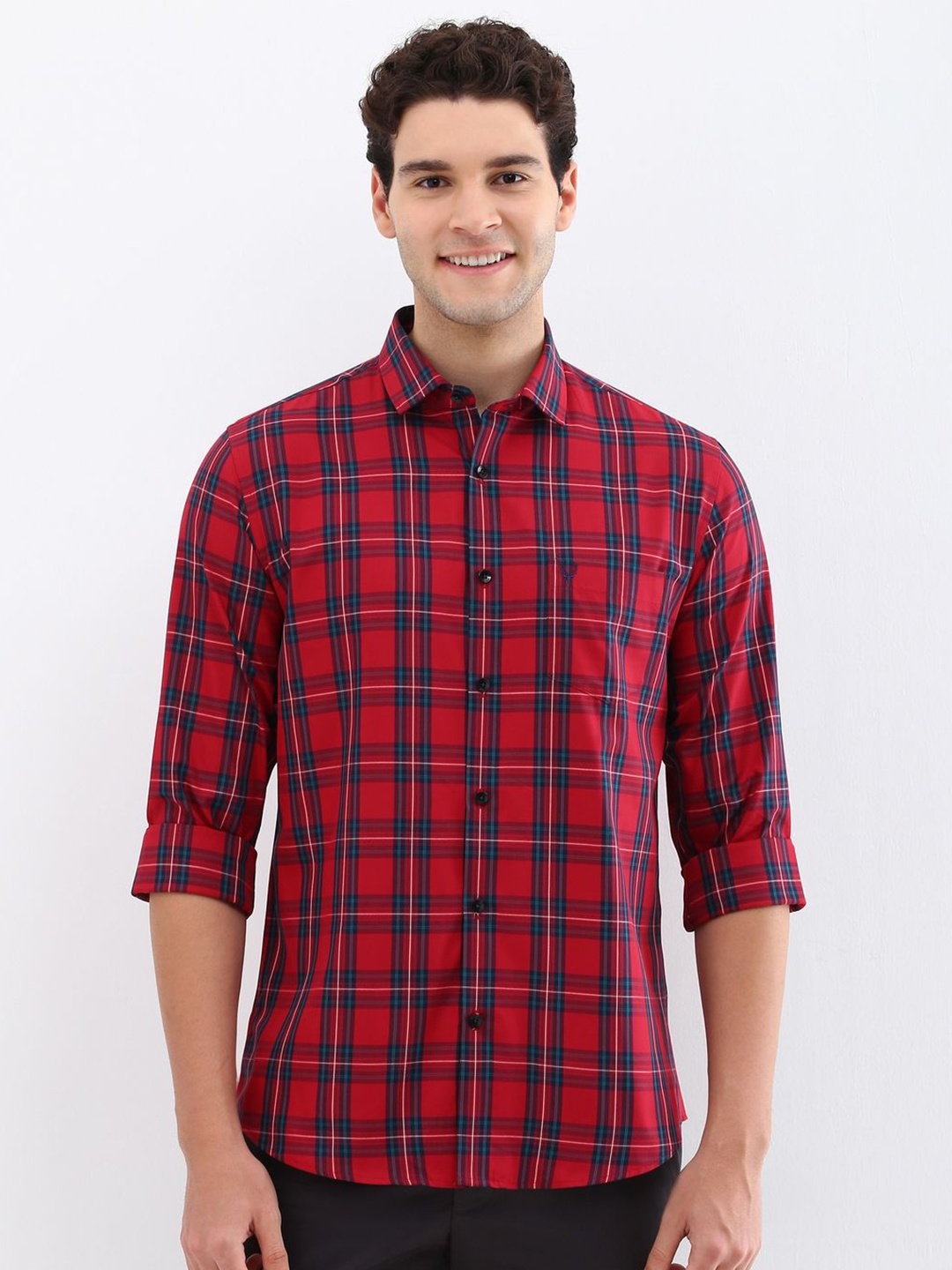 

Allen Solly Men Spread Collar Tartan Checked Cotton Slim Fit Casual Shirt, Red
