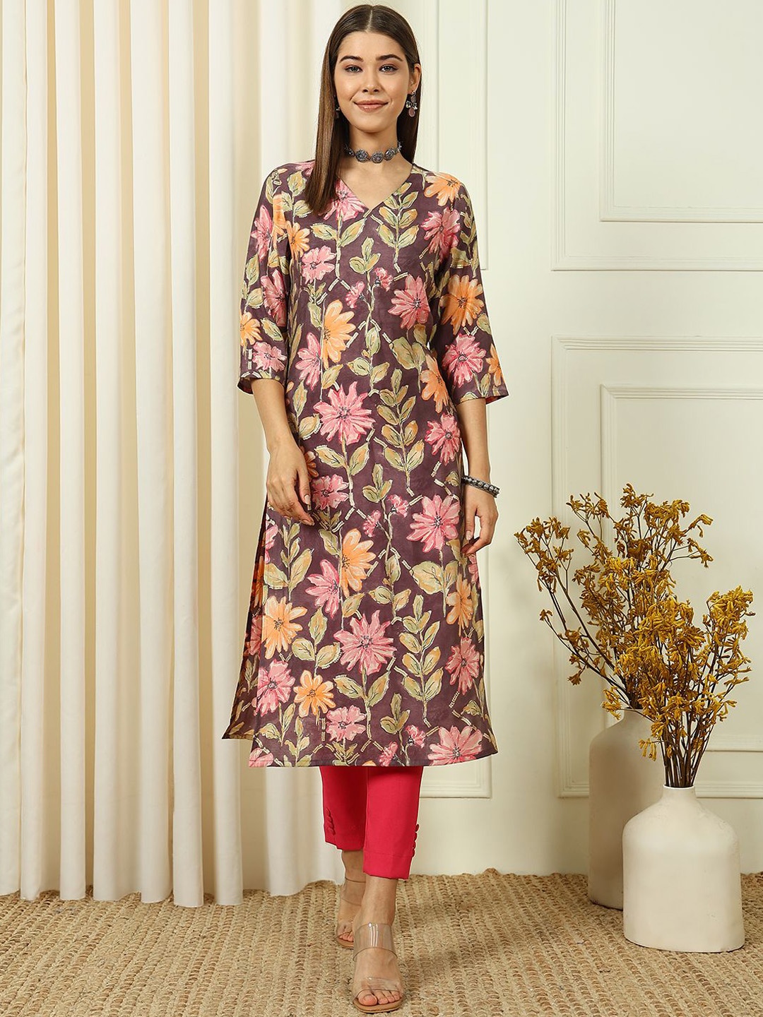 

Anouk Rustic Floral Printed Thread Work Straight Kurta, Purple