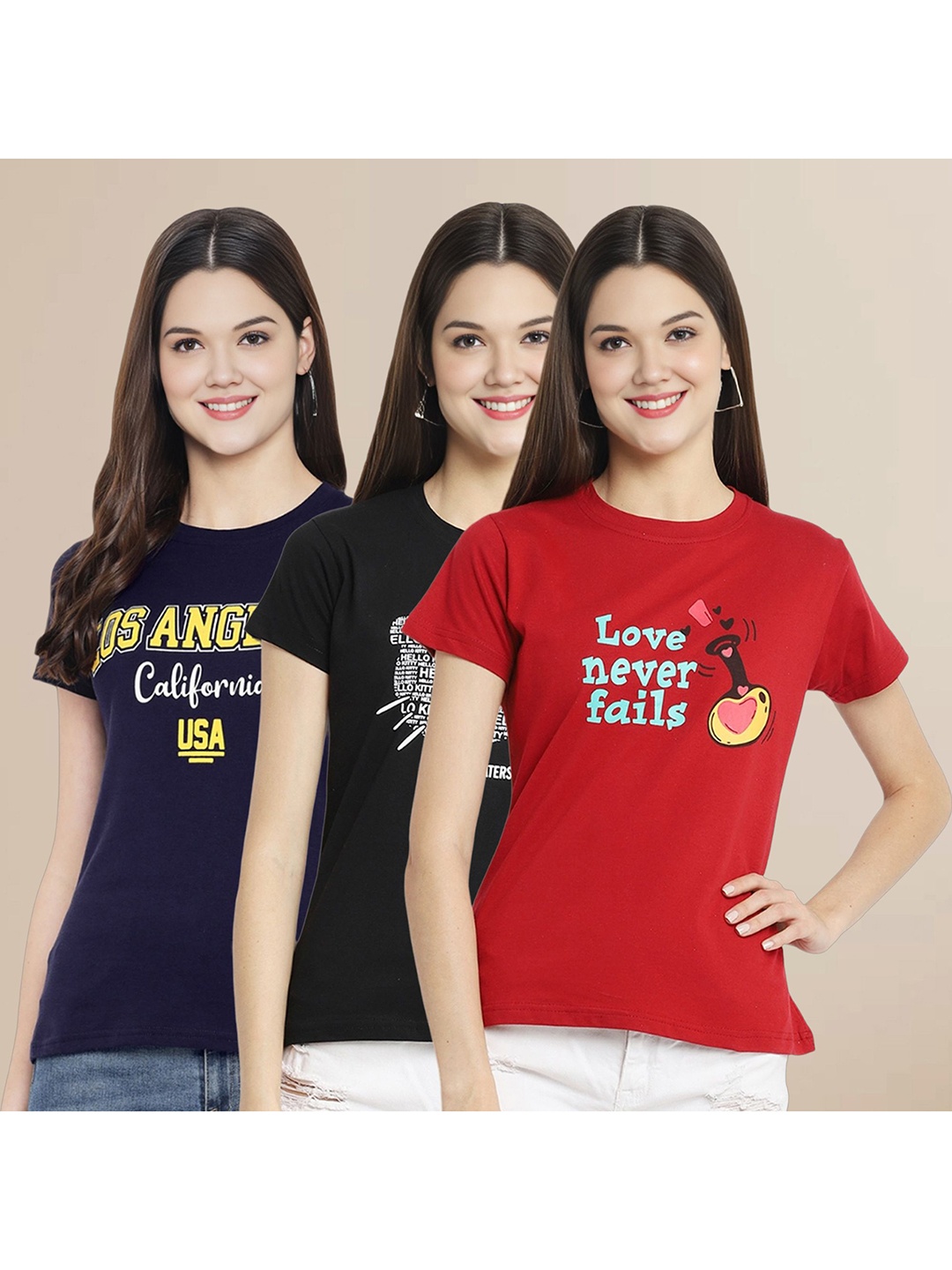 

Metronaut Women Pack Of 3 Typography Printed Round Neck Cotton T-shirts, Navy blue