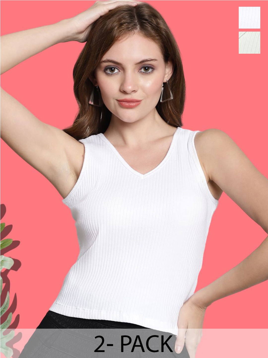 

FBAR Women Pack of 2 Cotton Solid V-Neck Sleeveless Crop Top, White